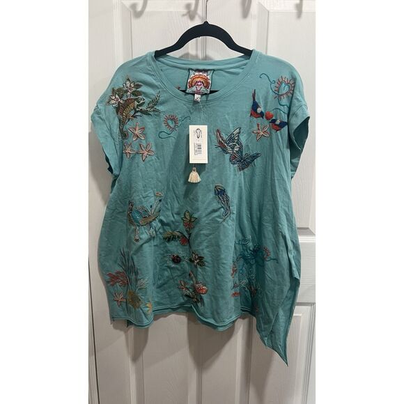 Johnny Was Zoe Relaxed Drape Tee Blue Top Shirt Animal Embroidery Medium New - Picture 4 of 5